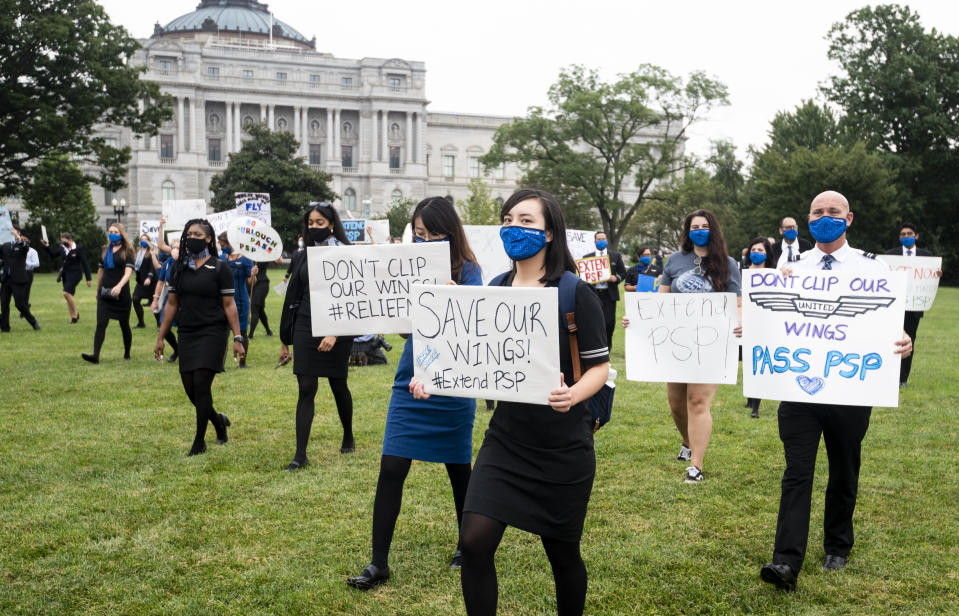 UNITED STATES - SEPTEMBER 9: The Association of Flight Attendants and fellow aviation workers protest outside the U.S. Capitol on Wednesday, Sept. 9, 2020. The flight attendants urged Congress to pass a COVID-19 relief package and extend the Payroll Support Program. (Photo By Bill Clark/CQ-Roll Call, Inc via Getty Images)