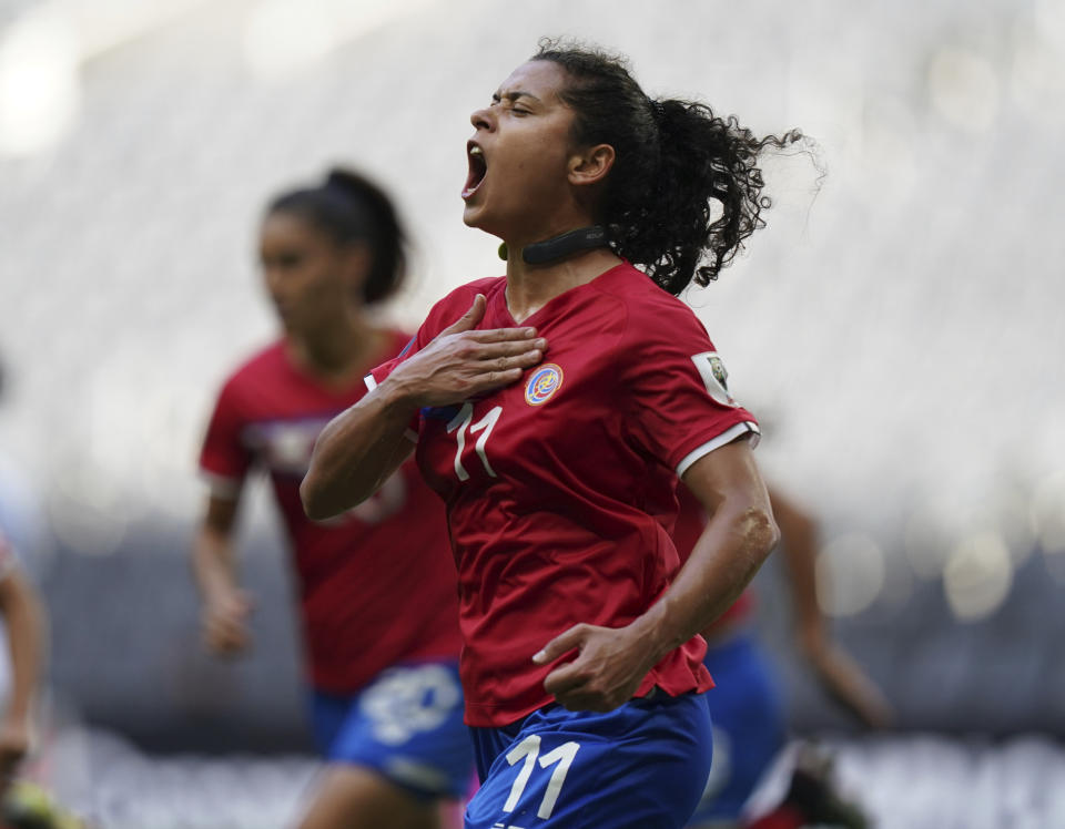 Costa Rica's Raquel Rodriguez celebrates after scoring the opening goal against Panama during a CONCACAF Women's Championship soccer match in Monterrey, Mexico, Tuesday, July 5, 2022. (AP Photo/Fernando Llano)