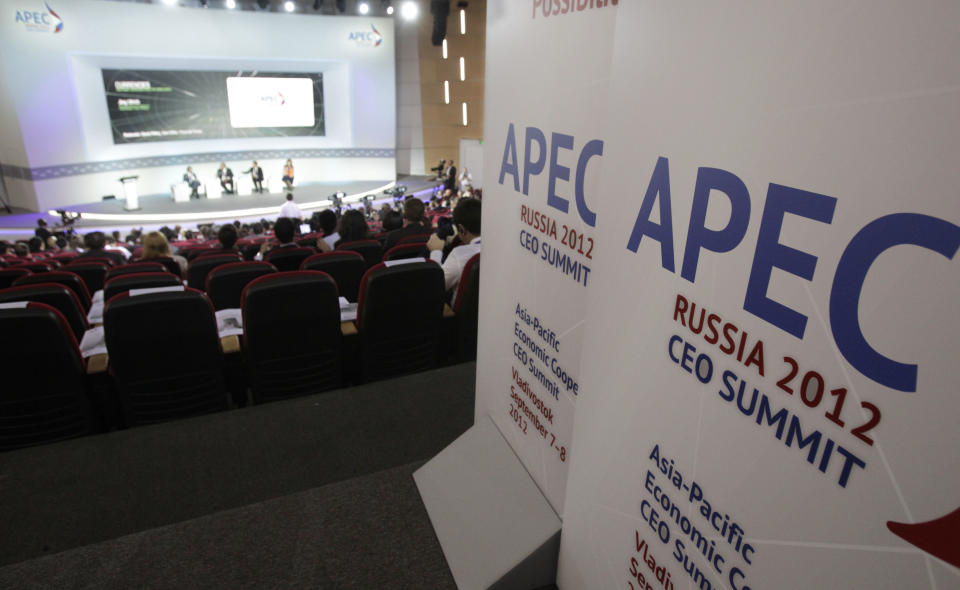 A panel of experts address delegates on the opening morning of the APEC summit in Vladivostok, Russia, Friday, Sept. 7, 2012. (AP Photo/Ahn Young-joon)