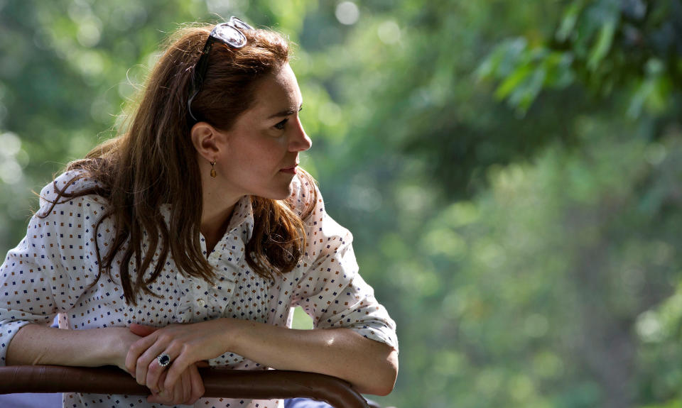 Catherine, the Duchess of Cambridge, is seen on a safari at Kaziranga National Park in the northeastern state of Assam, India, April 13, 2016.&nbsp;