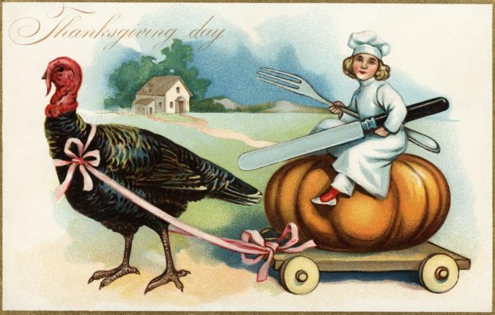 ca. 1907 — Thanksgiving Day Postcard with a Chef and Turkey — Image by © Cynthia Hart Designer/Corbis