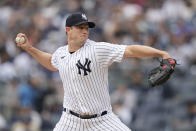 New York Yankees starting pitcher Gerrit Cole (45) throws in the first inning of a baseball game against the Minnesota Twins, Sunday, April 16, 2023, in New York. (AP Photo/John Minchillo)