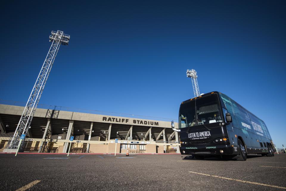 The HuffPost tour bus sits in front of Ratliff Stadium during&nbsp;a visit to Odessa, Texas, on Oct. 25, 2017, as part of "Listen To America: A HuffPost Road Trip."&nbsp;HuffPost will visit more than 20 cities on its tour across the country. (Photo by Damon Dahlen/HuffPost) *** Local Caption ***