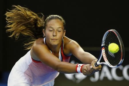 Russia's Daria Kasatkina hits a shot during her third round match against Serena Williams of the U.S. at the Australian Open tennis tournament at Melbourne Park, Australia, January 22, 2016. REUTERS/Thomas Peter