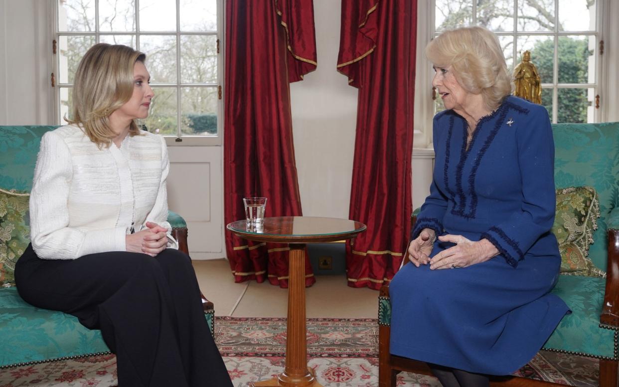 The Queen during a meeting with Olena Zelenska, the first lady of Ukraine, at Clarence House