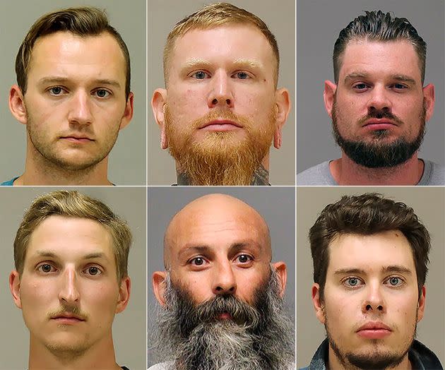 This photo shows from top left, Kaleb Franks, Brandon Caserta, Adam Dean Fox, and bottom left, Daniel Harris, Barry Croft, and Ty Garbin.  Defense attorneys have sought to dismiss the indictment against five men accused of plotting to kidnap Gov. Gretchen Whitmer because of what they describe as “egregious overreaching” by federal agents and informants. The Detroit News reports that defense attorneys filed a 20-page motion on Saturday, Dec. 25, 2021. (Photo: via Associated Press)