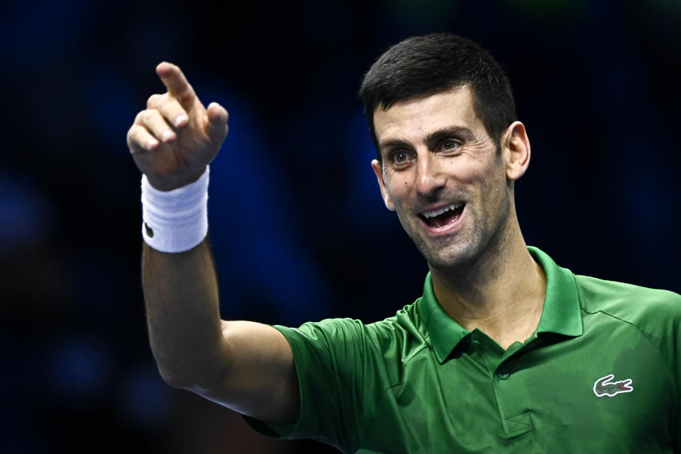 Seen here, Novak Djokovic celebrates after winning his ATP Finals match against Andrey Rublev in Turin. 