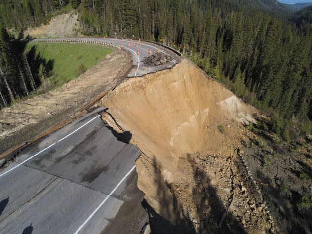 The roadway is pictured at milepost 12.8 on Teton Pass after it collapsed June 8 2024. (Wyoming Highway Patrol via CNN Newsource)