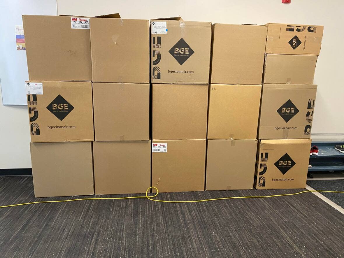 Used air filters for the air handling units at Harbour Landing School in Regina are waiting to be picked up, according to Regina Public Schools. (CBC/Tory Gillis - image credit)