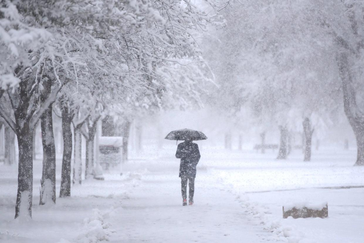 Snow continues to fall in Lubbock, Texas, Tuesday, Jan. 24, 2023. The National Weather Service reported 4.8 inches at 7 a.m.