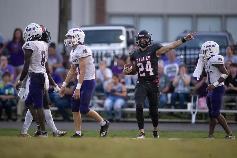 North Florida Christian School junior Josh Schuchts (24) reacts to a play as the Eagles face Marianna High in Week 2 of the season on Friday, Sept. 2, 2022 in Tallahassee, Fla.