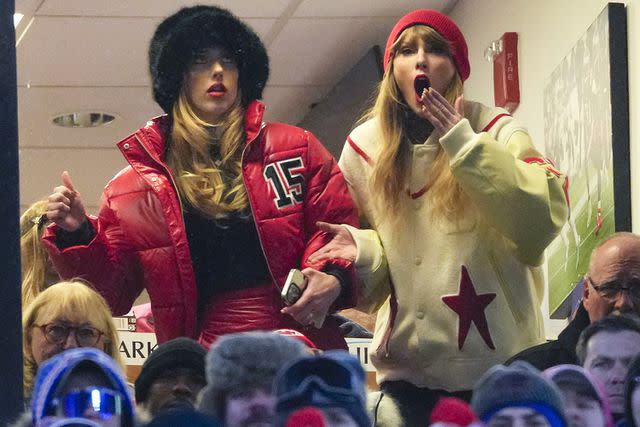 <p>AP Photo/Frank Franklin II</p> Taylor Swift and Brittany Mahomes watch the Chiefs-Bills playoff game on Jan. 21, 2024