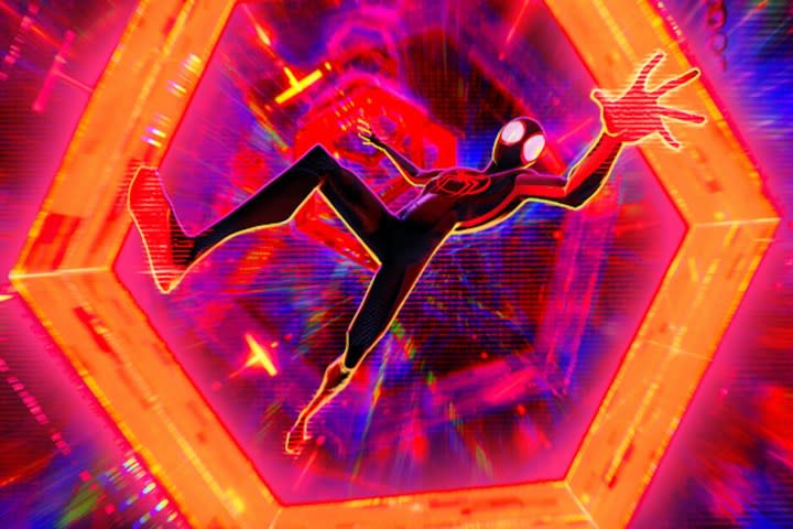 Miles Morales falls through a multiverse portal in "Spider-Man: Across the Spider-Verse."