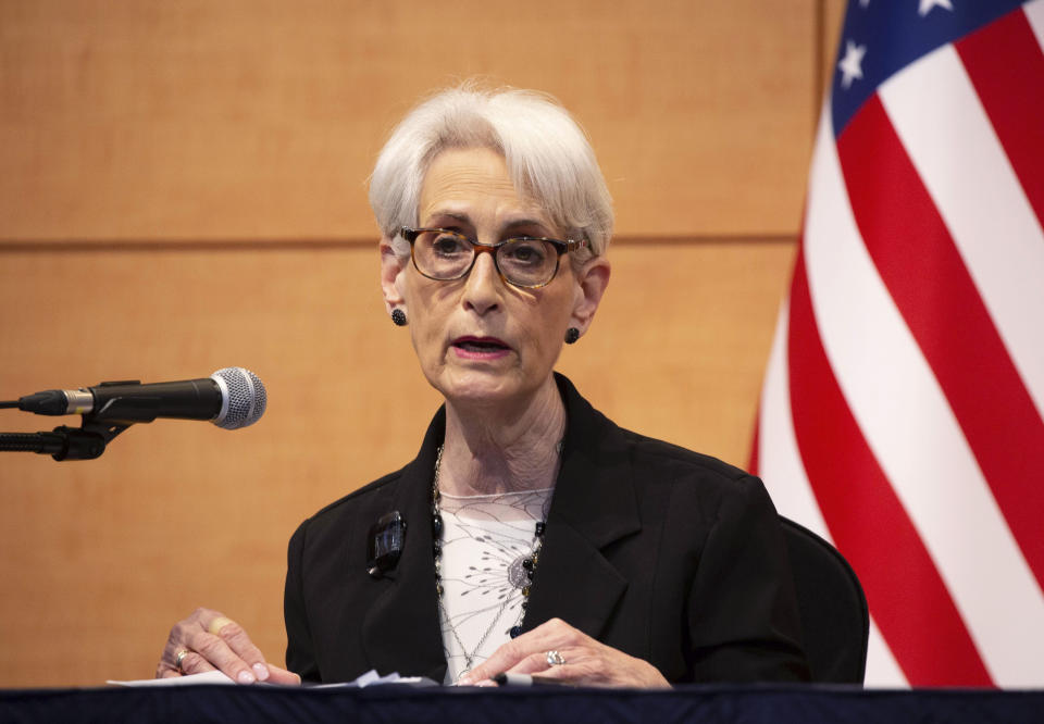 U.S. Deputy Secretary of State Wendy Sherman speaks with South Korea's First Vice Foreign Minister Cho Hyun-dong and Japanese Vice Minister for Foreign Affairs Takeo Mori (duo not pictured) during a joint news conference after their meeting at the Foreign Ministry in Seoul, South Korea, Wednesday, June 8, 2022. (Jeon Heon-Kyun/Pool Photo via AP)