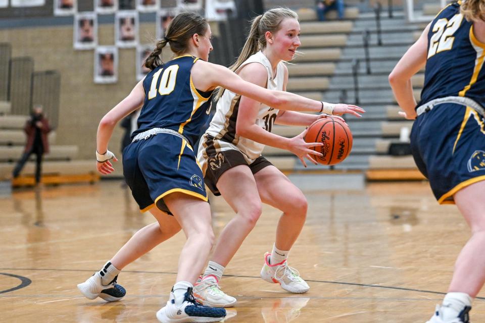 Holt's Bailey Hosford, right, moves the ball as DeWitt's Peyton Anderson defends during the fourth quarter on Tuesday, Jan. 31, 2023, at Holt High School.