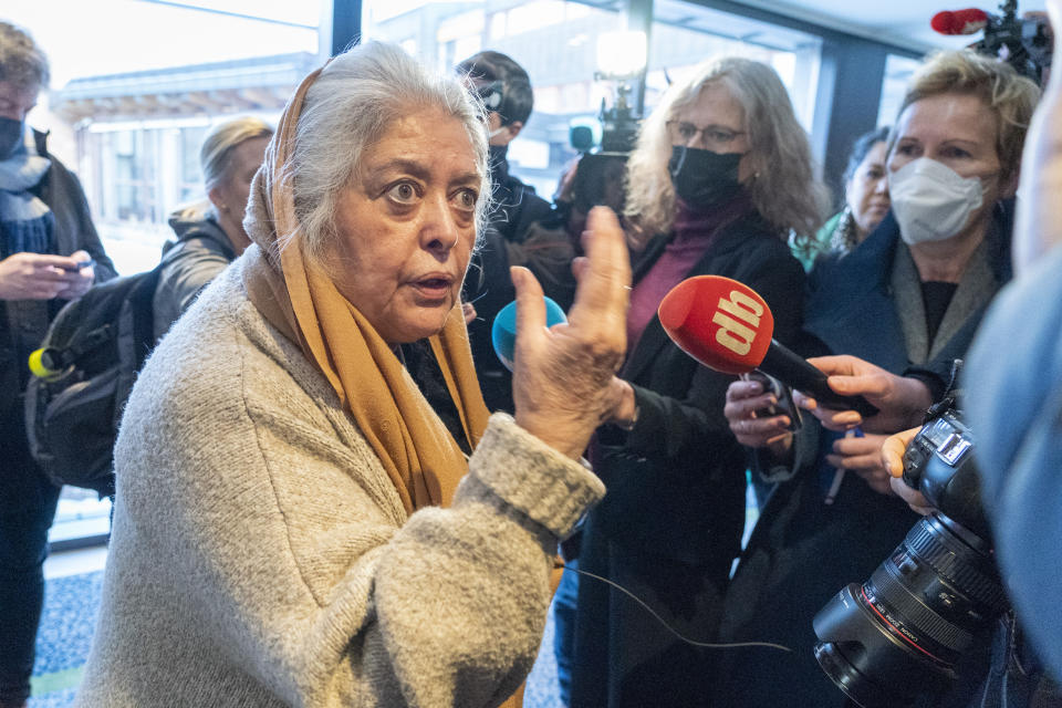 Afghanistan women's rights activist Mahbooba Siraj speaks to the press ahead of a meeting, in Oslo, Norway, Monday, Jan. 24, 2022. Western diplomats are meeting with Afghan women’s rights activists and human rights defenders in Oslo ahead of the first official talks with the Taliban in Europe since the Taliban took over in August. The closed-door meeting was a chance to hear from civil society in Afghanistan and the Afghan diaspora their demands and assessment of the current situation on the ground. The meeting was taking place at a hotel in the snow-capped mountains above the Norwegian capital and was attended by representatives of the EU, the US, the United States, France, Italy and hosts Norway. (Terje Pedersen/ NTB via AP)