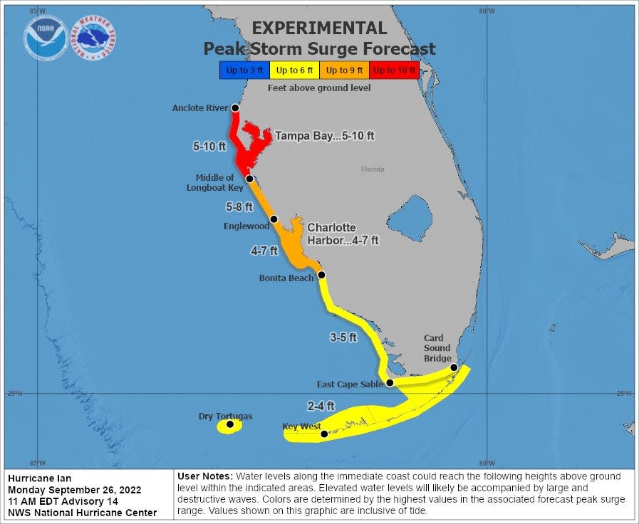 map shows storm surge forecast across florida gulf coast yellow at southern tip orange in the middle red in tampa bay
