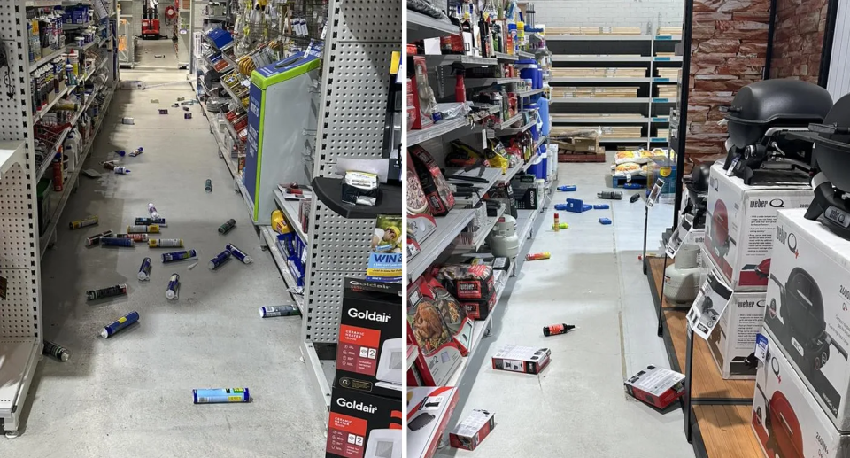 A Mitre10 in Muswellbrook is seen with stock all over the floor after the earthquake. 