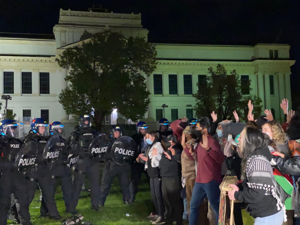 Police officers and pro-Palestine protesters clash at the University of Utah on Monday, April 29, 2024.