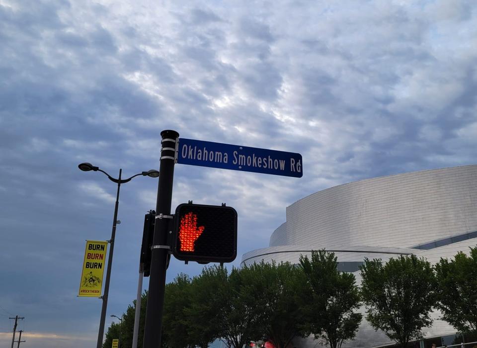 One of the streets outside Tulsa's BOK Center was temporarily renamed "Oklahoma Smokeshow Rd." in honor of Zach Bryan's "Burn Burn Burn North American Tour." The rising country music star, who hails from the Tulsa suburb of Oologah, played sold-out shows Aug. 11-12 at the Tulsa arena.