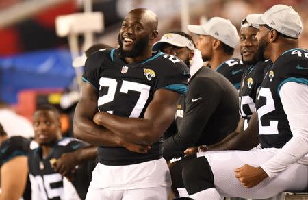 FILE PHOTO: Aug 30, 2018; Tampa, FL, USA; Jacksonville Jaguars running back Leonard Fournette (27) watches the second half against the Tampa Bay Buccaneers at Raymond James Stadium. Mandatory Credit: Jonathan Dyer-USA TODAY Sports/File Photo