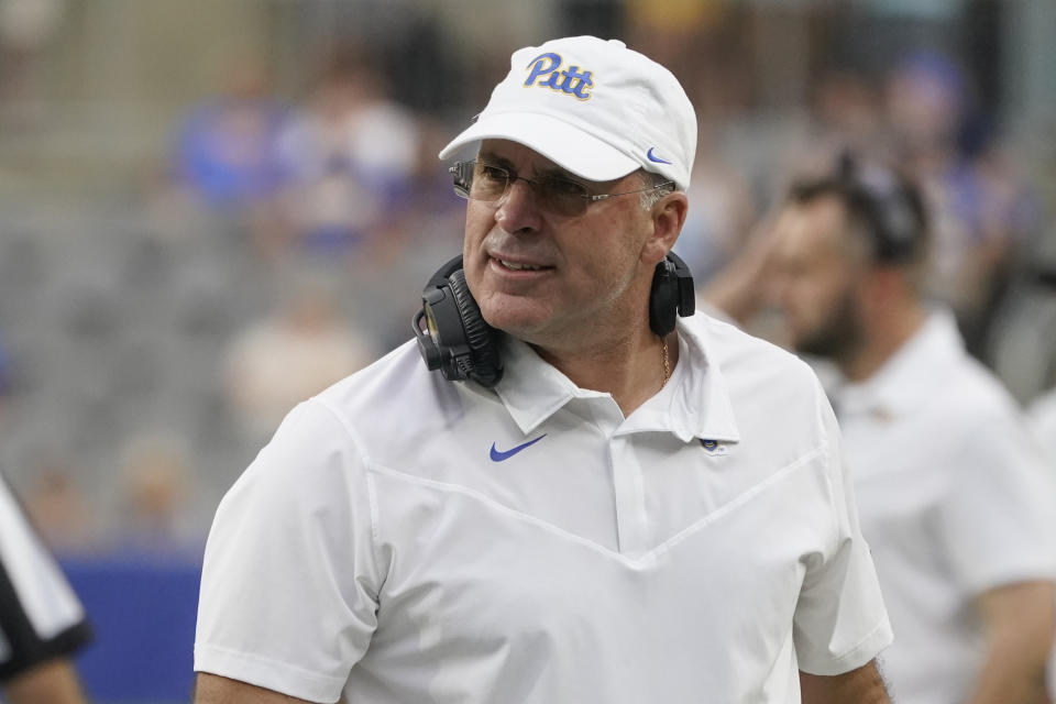 Pittsburgh head coach Pat Narduzzi looks to the field as his team plays against Massachusetts during the second half of an NCAA college football game, Saturday, Sept. 4, 2021, in Pittsburgh. Pittsburgh won 51-7.(AP Photo/Keith Srakocic)