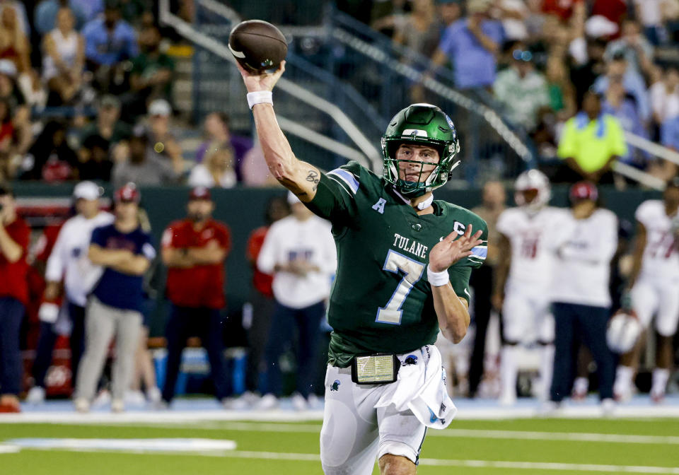 Tulane quarterback Michael Pratt (7) throws a pass against South Alabama during the second half of an NCAA college football game in New Orleans, Saturday, Sept. 2, 2023. (AP Photo/Derick Hingle)