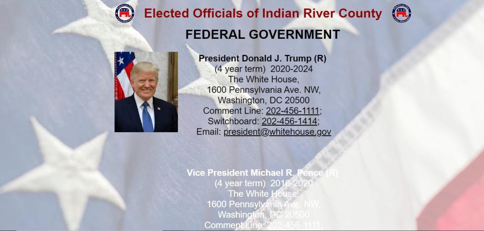 A screenshot from the Republican Party of Indian River County website taken on March 16, 2021, lists Donald J. Trump as the current president. Currently 10 Florida county Republican Party websites are showing Donald J. Trump as the current president.