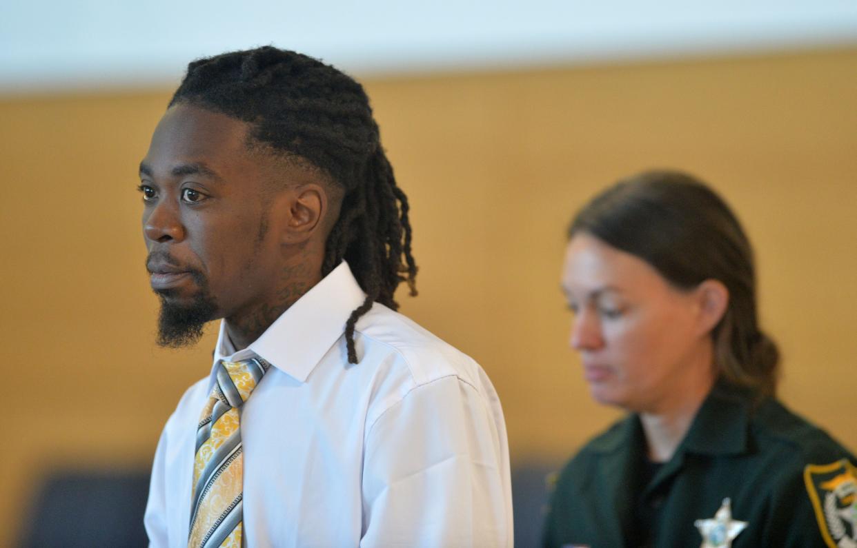 Tyjuan Williams enters the courtroom Tuesday, June 27, 2023, in Bradenton. Williams, 35, is on trial for his connection to the murder of 16-year-old Amber Woods, whose body was found on the side of a rural Manatee County road in 2006.