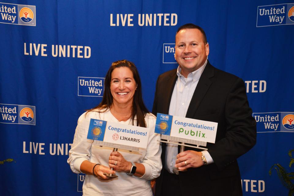 Alexis Haber, campaign chair for L3HARRIS and  Dennis Broughton, campaign chair for Publix,  pose with their mini billboards. L3HARRIS and Publix  were the two largest donors, contributing $2.4 million. The United Way Award Celebration for 2022 was held Tuesday night at the Hilton Garden Inn Oceanfront in Cocoa Beach. United Way of Brevard raised $5,130,000.