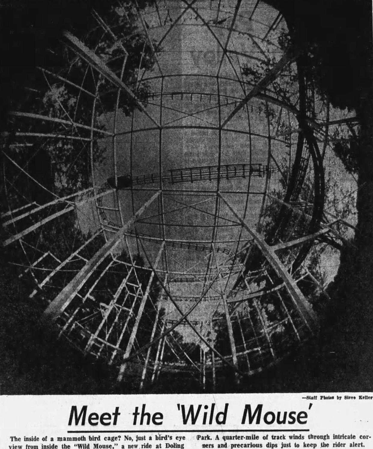 A newspaper clipping about the opening of the new Wild Mouse rollercoaster at the now-defunct Doling Amusement Park, printed in the Springfield News-Leader on July 4, 1969.