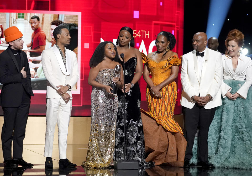 Chris Perfetti, from left, Tyler James Williams, Quinta Brunson, Janelle James, Sheryl Lee Ralph, William Stanford Davis, and Lisa Ann Walter accept the award for outstanding comedy series for "Abbott Elementary" at the 54th NAACP Image Awards on Saturday, Feb. 25, 2023, at the Civic Auditorium in Pasadena, Calif. (AP Photo/Chris Pizzello)