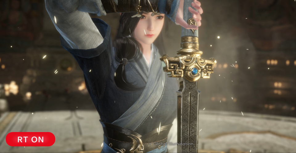 Captura de pantalla de Justice Mobile con el trazado de rayos habilitado.  Una mujer sostiene una espada mientras chispas y efectos de partículas flotan en el aire.