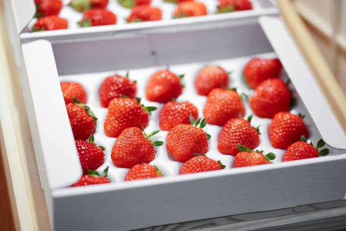 Boxes of neatly arranged ripe strawberries with green stems