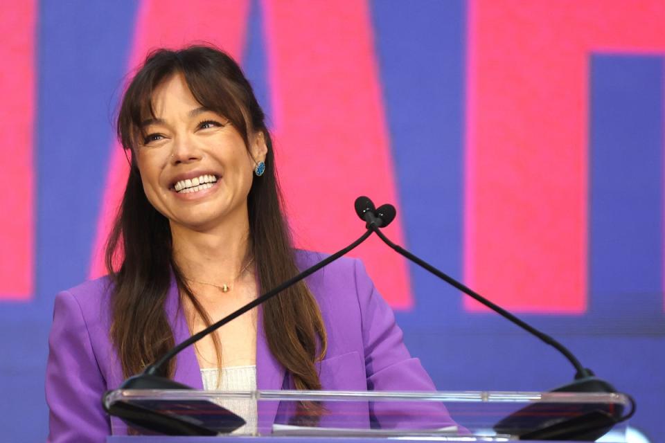 Independent vice presidential candidate Nicole Shanahan speaks during a campaign event with Robert F Kennedy Jr (Getty Images)