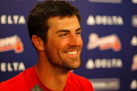 Sep 1, 2014; Atlanta, GA, USA; Philadelphia Phillies starting pitcher Cole Hamels (35) is interviewed after a combined no-hitter against the Atlanta Braves at Turner Field. Brett Davis-USA TODAY Sports