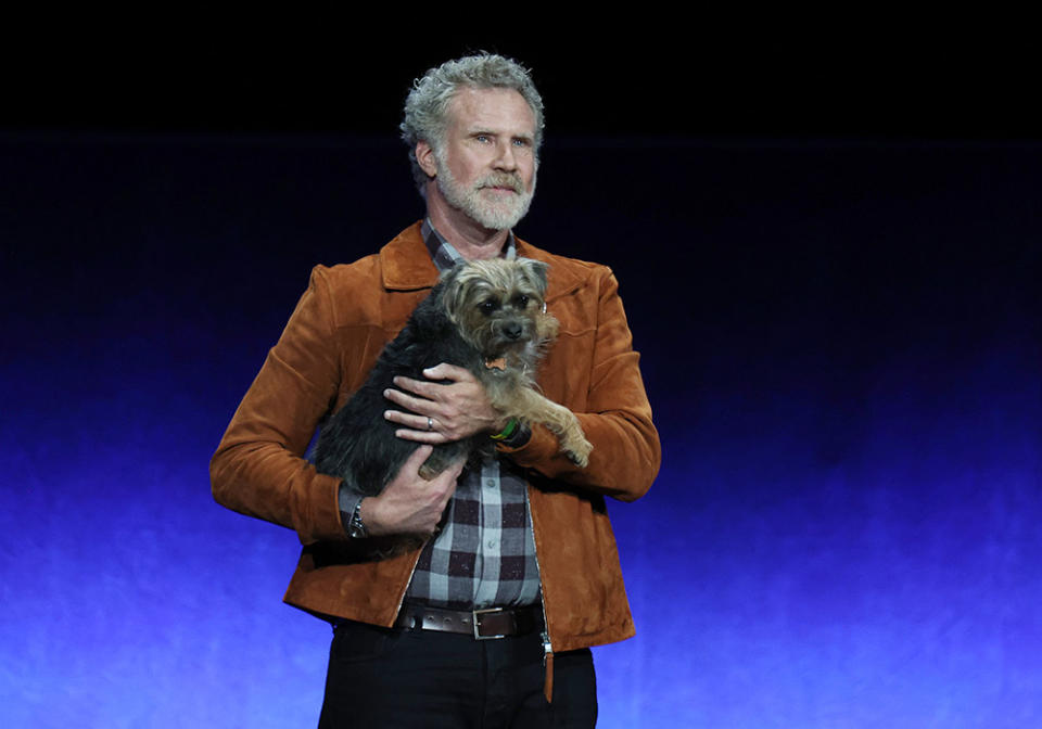 Will Ferrell holds canine cast member Sophie as he speaks onstage to promote the upcoming film "Strays" during the Universal Pictures and Focus Features presentation during CinemaCon, the official convention of the National Association of Theatre Owners, at The Colosseum at Caesars Palace on April 26, 2023 in Las Vegas, Nevada.