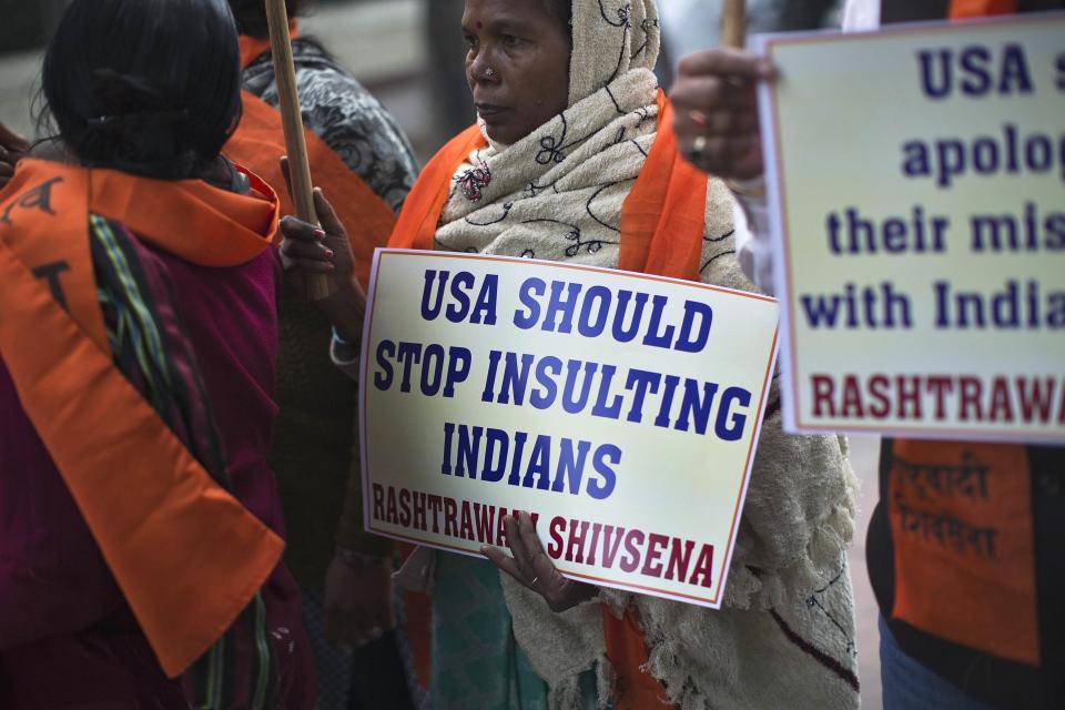 Supporters of Rashtrawadi Shiv Sena, a Hindu hardline group, carry placards during a protest near the U.S. embassy in New Delhi