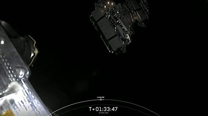 The Starlink satellites, top, drift away from the Falcon 9's second stage to wrap up SpaceX's thirteenth flight so far this year. / Credit: SpaceX