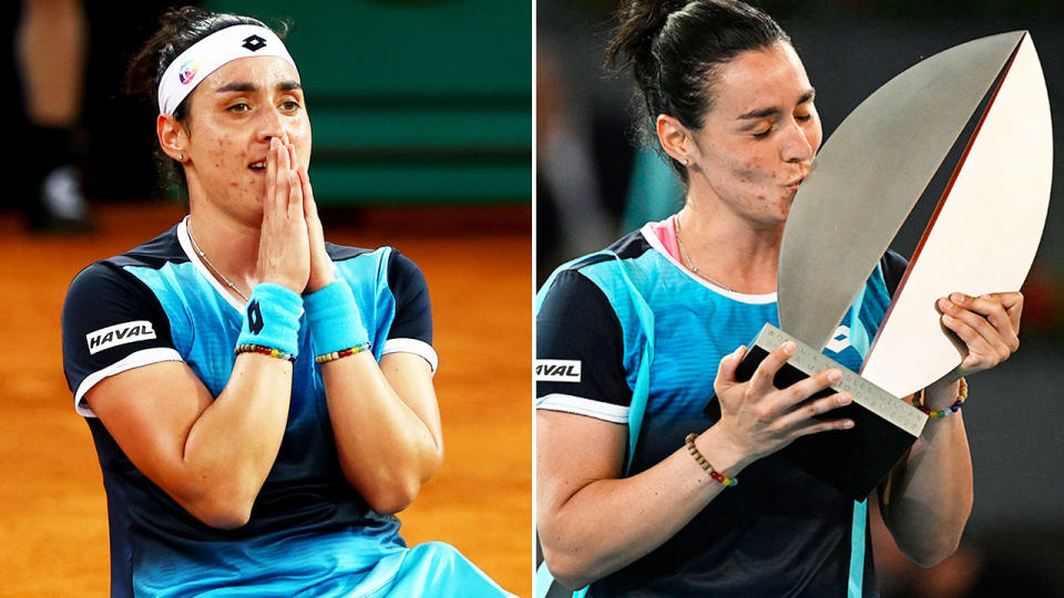 Seen here, Ons Jabeur reacts after winning the Madrid Open title.