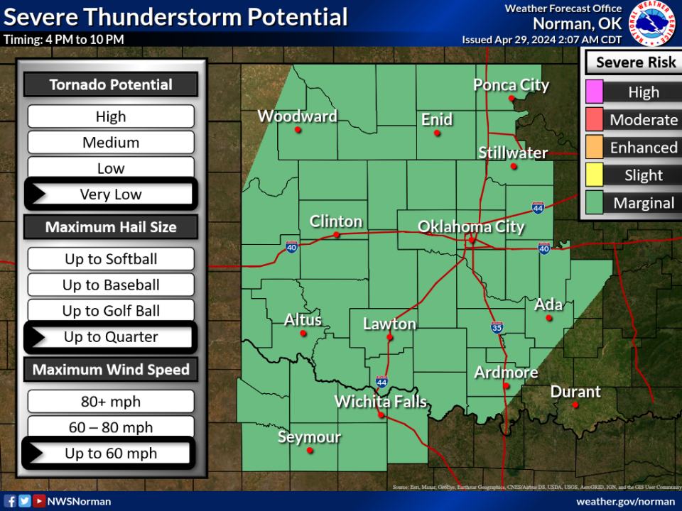 The National Weather Service predicts a “very low” potential for tornadoes today. (National Weather Service)