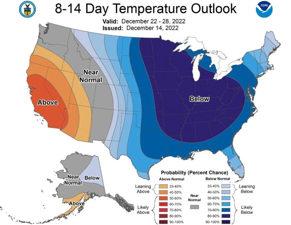 Cold air is expected to sweep into the eastern two thirds of the country next week and temperatures in New England will likely fall below normal, according to NOAA's Climate Prediction Center.