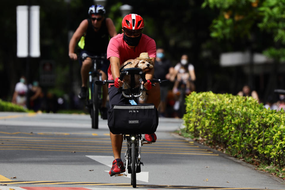 A cyclist rides with his pet dog at East Coast Park in Singapore.