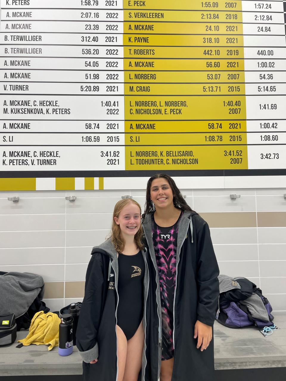 Corning's Brooke Terwilliger, left, and Angie McKane stand in front of Corning's record board after both had record-setting performances Sept. 12, 2023 in a win over Johnson City.