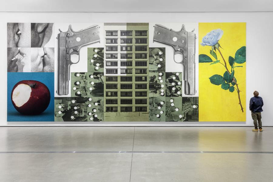 John Baldessari’s Buildings=Guns=People: Desire, Knowledge, and Hope (with Smog). Source: The Broad