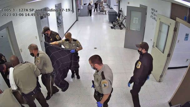 PHOTO: Virginia sheriff deputies work to remove Irvo Otieno from his cell at Henrico County Jail, March 6, 2023. (Henrico County Jail)