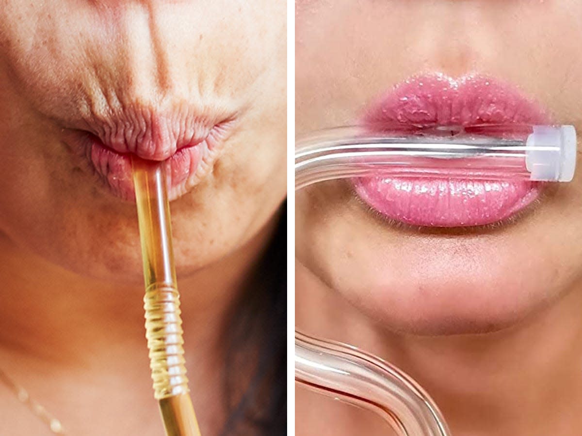 On left, a woman pursing her lips using a regular straw. On right, a woman using an anti-wrinkle straw.