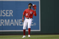 Washington Nationals center fielder Victor Robles (16) catches a fly ball by Atlanta Braves' Ronald Acuna Jr. for an out during the third inning of a baseball game, Wednesday, June 15, 2022, in Washington. (AP Photo/Nick Wass)