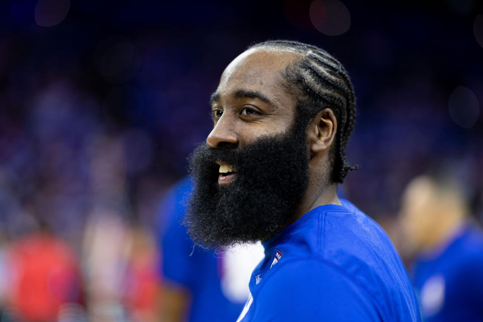 Apr 17, 2023; Philadelphia, Pennsylvania, USA; Philadelphia 76ers guard James Harden before game two of the 2023 NBA playoffs against the Brooklyn Nets at Wells Fargo Center. Mandatory Credit: Bill Streicher-USA TODAY Sports