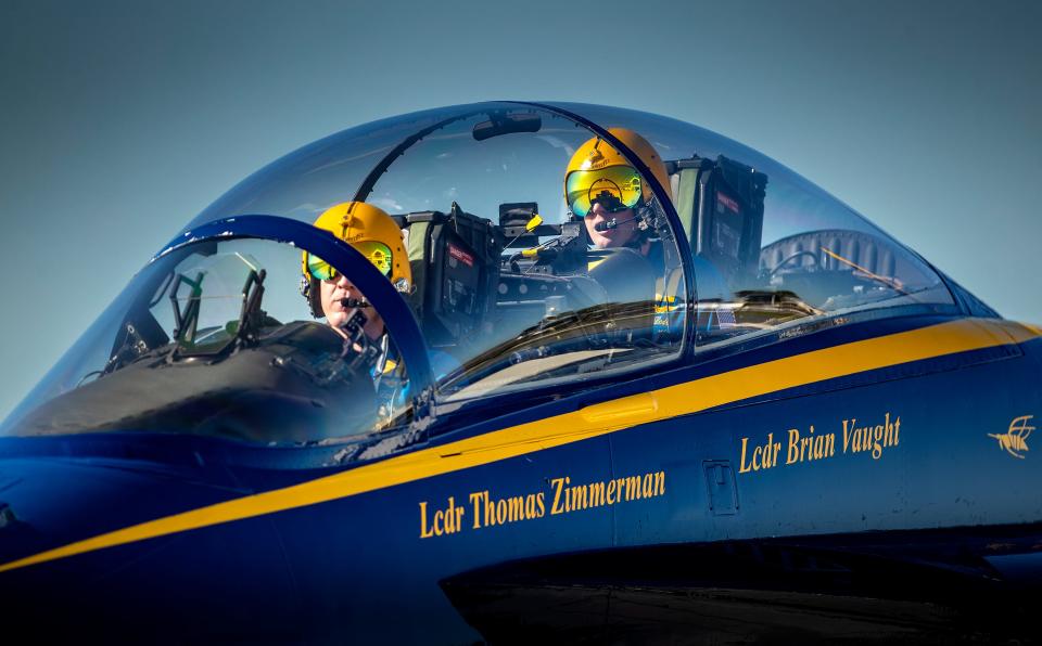 United States Navy Blue Angels pilots Lcdr Thomas Zimmerman and Lcdr Brian Vaught taxi their Boeing F/A-18 Super Hornet upon arrival during a site visit at Lakeland Linder International Airport to talk about what's in store for the 2023 Sun 'N Fun Expo in Lakeland Fl  Wednesday December 7,2022.Ernst Peters/The Ledger